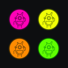 Alien Outline In A Circle four color glowing neon vector icon
