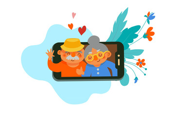 cute grandfather and grandmother say hello chatting on the phone.