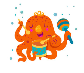 cute orange octopus playing drum and maracas