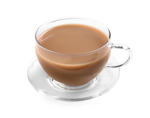 Delicious tea with milk on white background