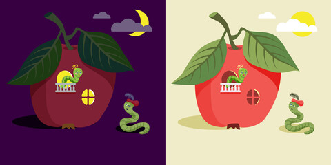 cute worms and an apple. romeo and juliet on the balcony