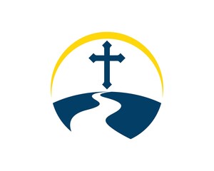 Land with road to religion cross symbol and yellow swoosh