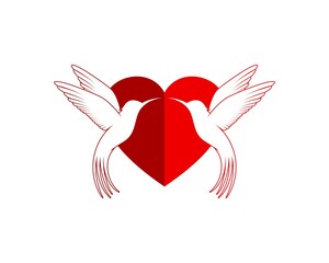 Red love shape with twin flying bird