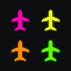 Obraz premium Airplane Black Shape four color glowing neon vector icon