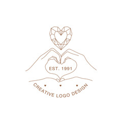 Minimal hand logo in trendy linear style. Hands making a heart symbol with crystal. Vector linear boho icon for handmade products, jewelry, cosmetics, wedding concept illustrations etc. Branding.