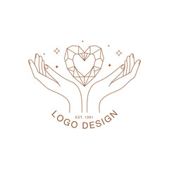 Minimal delicate emblem in trendy linear style. Women's hands with crystal and stars. Vector linear boho icon for handmade products, jewelry, cosmetics, wedding concept illustrations etc. Branding.