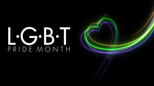 Colorful heart LGBT Pride Month symbol abstract  motion movement line blazing neon glowing on black background 