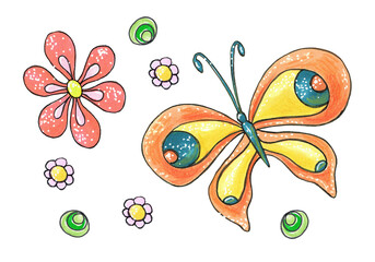 Illustration of beautiful exotic butterfly with colorful wings and flowers. Tropical flying insect.