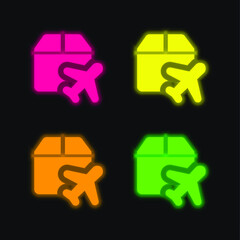 Airplane four color glowing neon vector icon