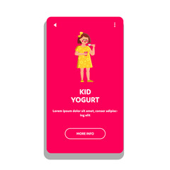 Kid Yogurt Breakfast Eating Preteen Girl Vector. Kid Yogurt Delicious Food Eat Child From Cup Packaging With Spoon. Character Taste Dairy Dessert Product Web Flat Cartoon Illustration