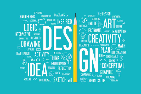The white word "design" is separated and replaced the letter I with a yellow pencil photo. Minimal style words cloud and illustration that combination with pencil photo. Design for presentation. 