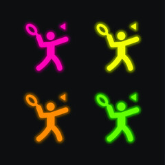 Fototapeta na wymiar Badminton four color glowing neon vector icon