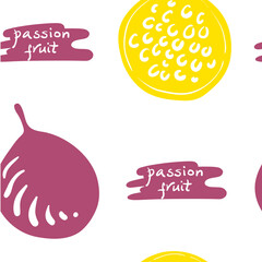 Seamless pattern with passion fruit. Colorful paper cut culinary herbs isolated on white background. Doodle hand drawn vector illustration