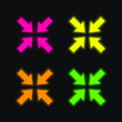 Arrows Pointing To Center four color glowing neon vector icon