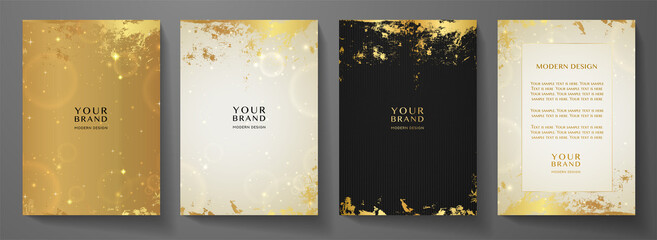 Modern black and gold cover, frame design set. Creative premium abstract with grunge texture (crack) background. Luxury vector collection for catalog, brochure template, magazine layout, luxe booklet - obrazy, fototapety, plakaty