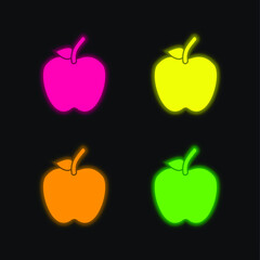 Apple With Stem And Leaf four color glowing neon vector icon