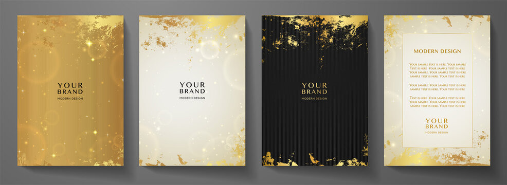 Modern black and gold cover, frame design set. Creative premium abstract with grunge texture (crack) background. Luxury vector collection for catalog, brochure template, magazine layout, luxe booklet