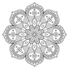 Black and white Mandala for coloring. tattoo, decoration. Folk, meditation design. Curved shape. Outline doodle vector illustration.