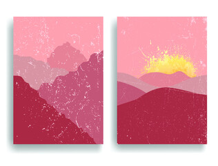 Poster with mountain landscape  and sunset in boho style  .Minimal design with grunge elements . Trendy brochure . Vector illustration .