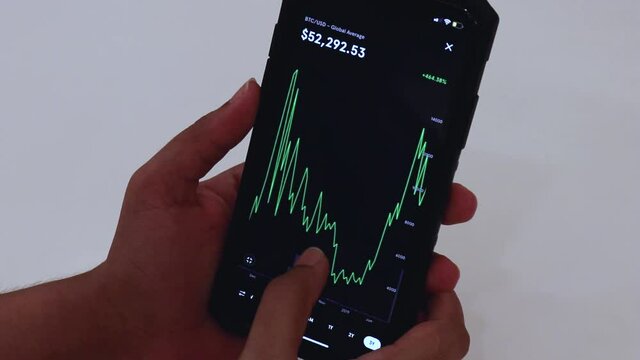 Women looking through BTC 3 years chart on Black smartphone  
