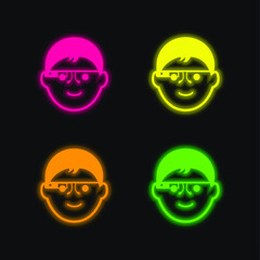 Boy Face With Google Glasses four color glowing neon vector icon