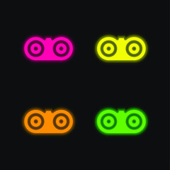 Binoculars four color glowing neon vector icon