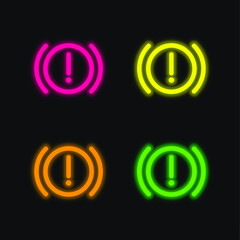 Brake System Warning four color glowing neon vector icon