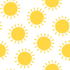 Seamless pattern with cute cartoon yellow shiny suns. Funny vector print sun for kids textile design, wrapping paper, surface, wallpaper, background. Simple summer vector illustration.
