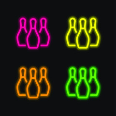 Bowling Pins four color glowing neon vector icon