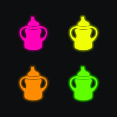 Baby Bottle Variant With Handle On Both Sides four color glowing neon vector icon