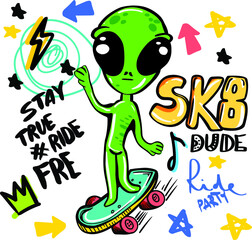 Typography summer alien print . Alien on skate. For graphic tees, t shirt, textile,card
