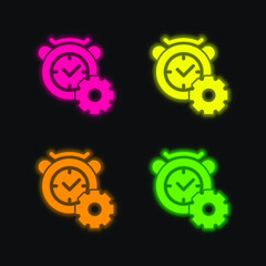 Alarm Clock four color glowing neon vector icon