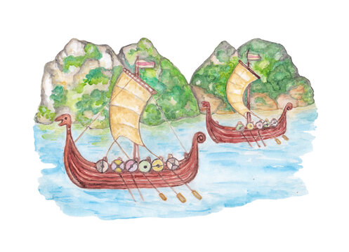 Watercolor illustration with vikng drakkars.