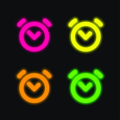 Alarm Clock four color glowing neon vector icon