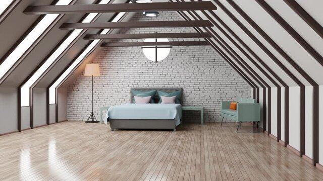 3D Animation of a bedroom in an attic apartment