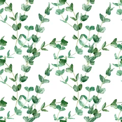 Gardinen Aquarellgrünes, nahtloses Muster mit Eukalyptuszweigen. Botanischer Hintergrund. Grünes Muster. © annakonchits