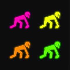 American Football Player Picking The Ball four color glowing neon vector icon