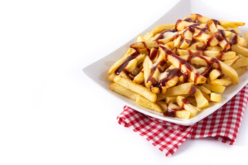 Traditional Canadian Poutine isolated on white background.Copy space