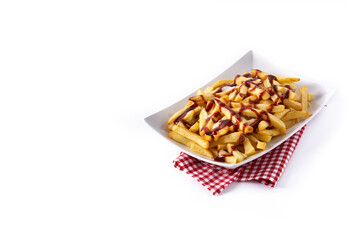 Traditional Canadian Poutine isolated on white background.Copy space