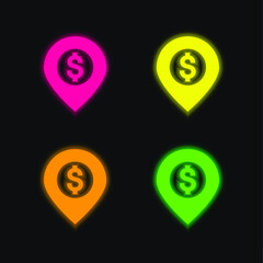 Bank Location four color glowing neon vector icon