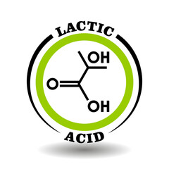Circle vector icon with chemical formula of Lactic Milk Acid symbol for packaging signs of cosmetics, tags of medical products with lactate ingredients