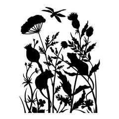Black wildflowers silhouette. Nature scene with mice and dragonfly. Garden flowers landscape. Isolated background with herbal pattern. Forest herbs print