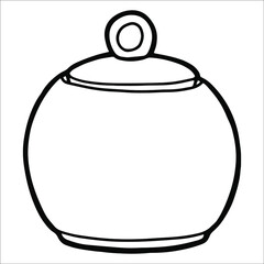 Sugar bowl. Tea set element. Coloring page. Black outline. 