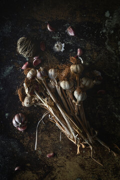 Bouquet of fresh purple garlic