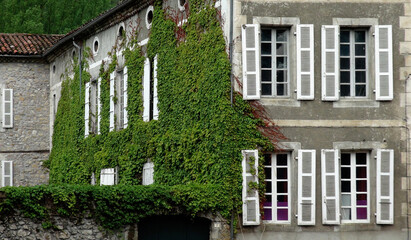 Fototapeta na wymiar house with windows and ivy, Le Mas d' Azil, France