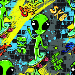 Hand drawn alien pattern. Cool summer alien background for textile, fashion, sport, graphic tees