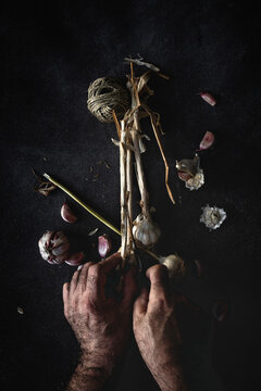 Anonymous person with bouquet of fresh purple garlic