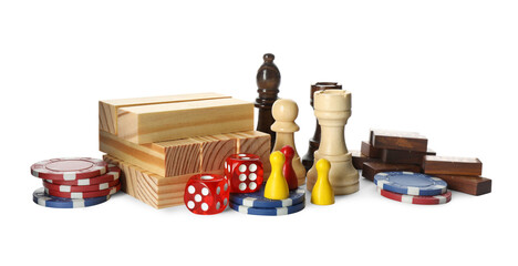 Elements of different board games on white background