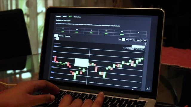 Women going through DOT 7 days Candle Stick Charts on a Laptop