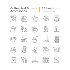 Coffee and barista accessories linear icons set. Drip machine. French press. Cafe appliance. Customizable thin line contour symbols. Isolated vector outline illustrations. Editable stroke